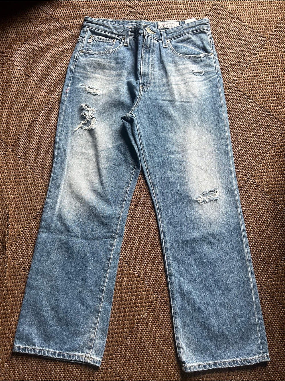 Ag Adriano Goldschmied Light Blue Distressed Straight Jeans
